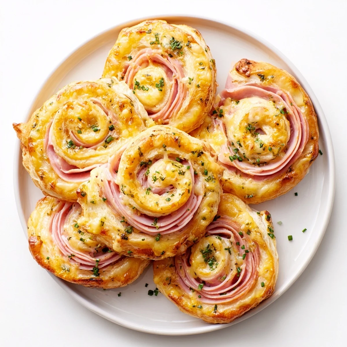 Close-up of one Easter Ham Cheddar Pinwheel with golden pastry, showing layers of smoky ham and bubbly cheddar cheese.