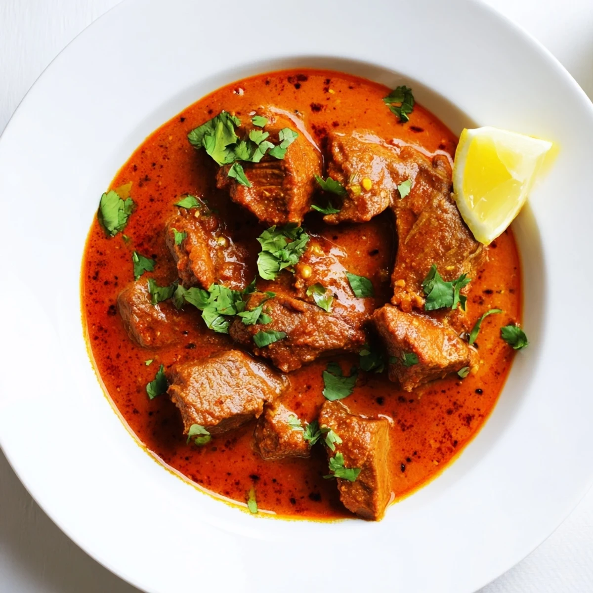 Steaming Indian Beef Curry with Tomato Gravy served over fluffy basmati rice with fresh cilantro garnish.
