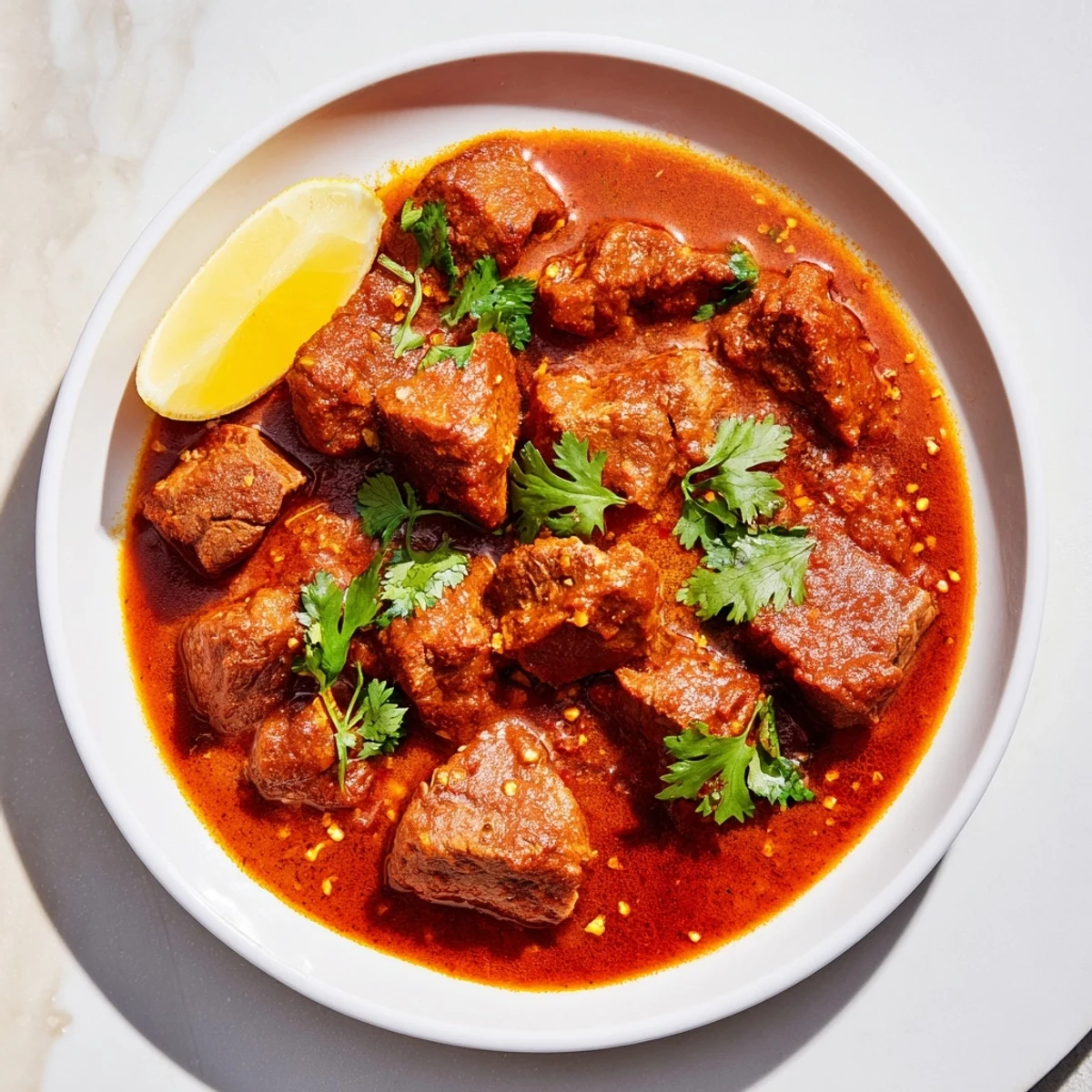 Close-up of Indian Beef Curry with Tomato Gravy showing tender beef cubes in rich, spiced tomato sauce.