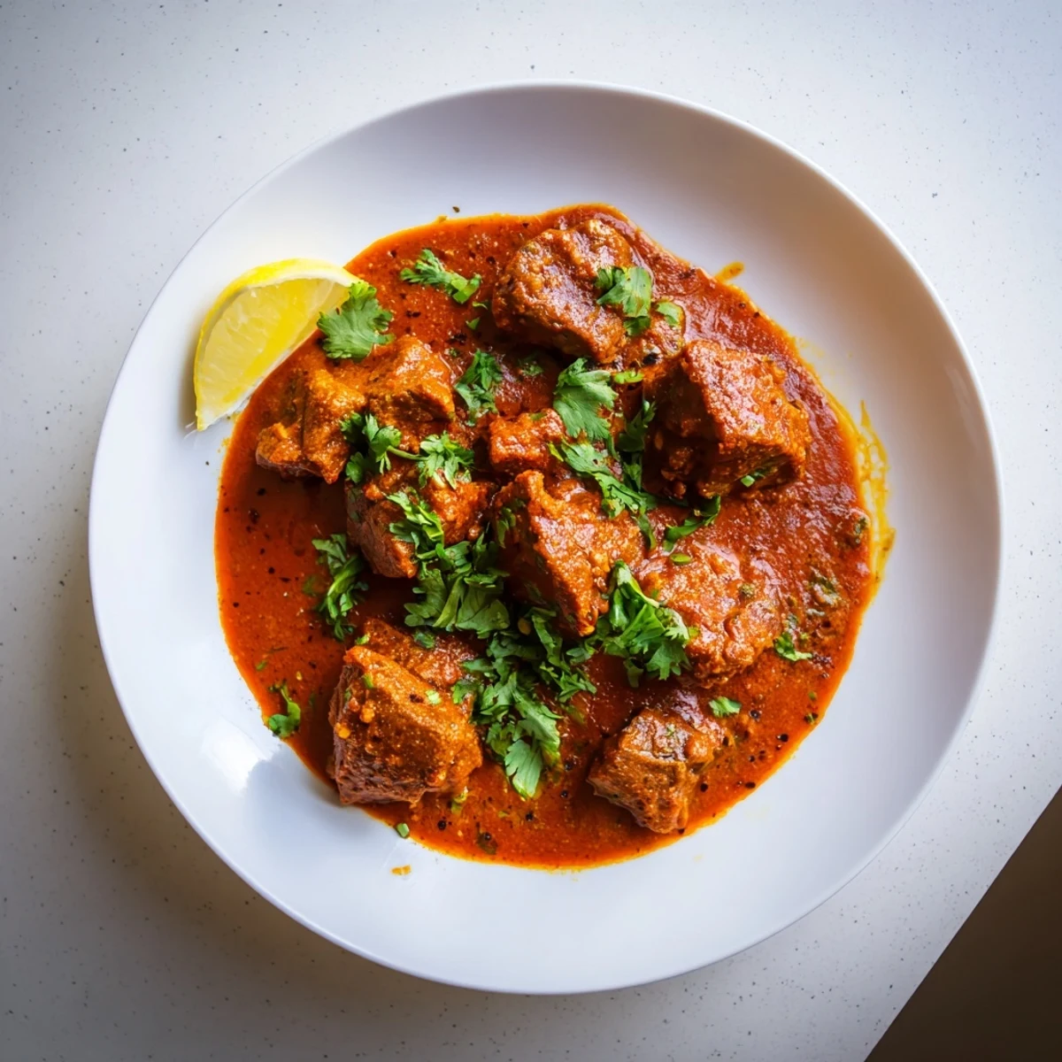 Homemade Indian Beef Curry with Tomato Gravy paired with warm naan bread and lemon wedges on table.