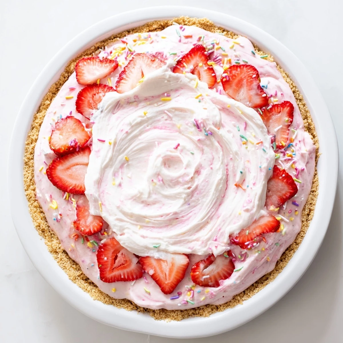 Easter No Bake Jello Pie topped with whipped cream and fresh strawberry slices, served on a pastel plate.  