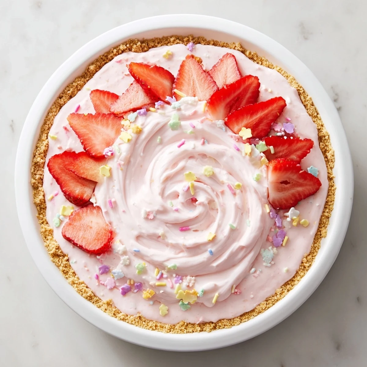 Freshly chilled Easter No Bake Jello Pie with creamy strawberry filling and a golden graham cracker crust.  