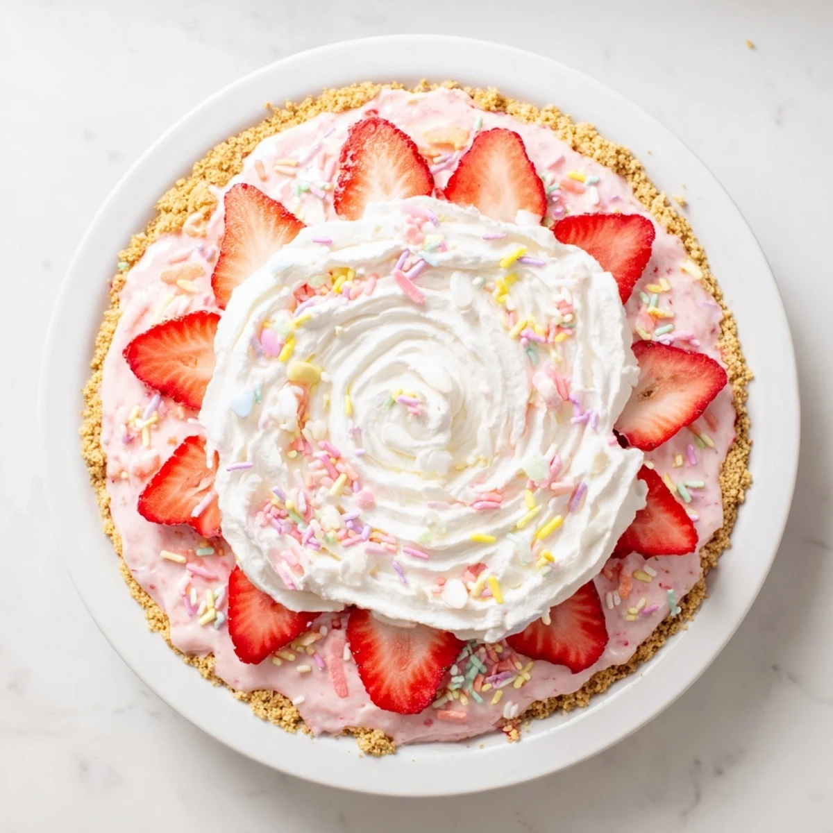 Vibrant Easter No Bake Jello Pie featuring a smooth strawberry Jello layer and garnished with sweet spring sprinkles.