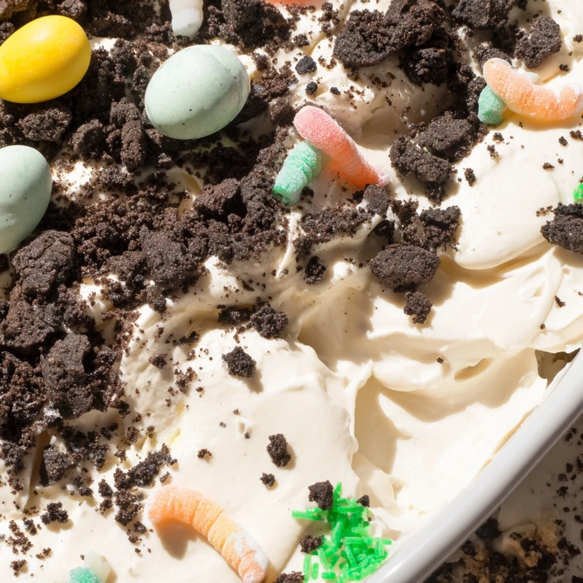 Freshly prepared Easter Dirt Cake Casserole served chilled with crushed Oreos, pudding, and playful candy decorations.
