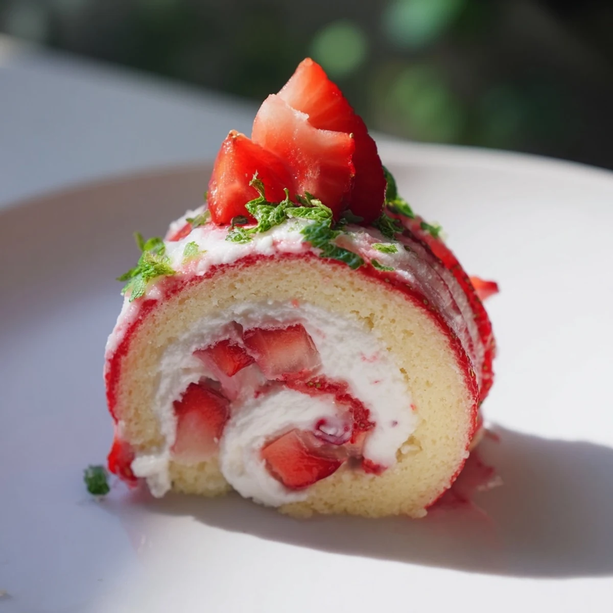 Rolled vanilla cake sushi slices filled with whipped cream and fresh diced strawberries topped with mint