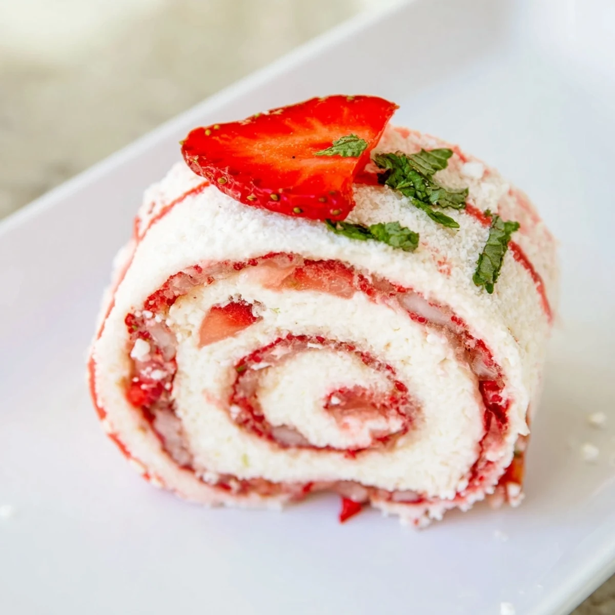 Playful strawberry shortcake sushi rolls with cream and fruit on white plate garnished with mint