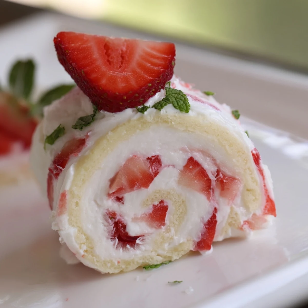 Dessert sushi featuring sweet strawberries and fluffy cream rolled inside soft vanilla cake slices