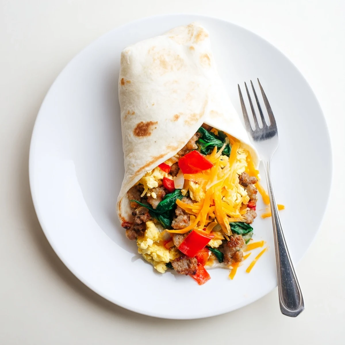 Wrapped flour tortillas brimming with seasoned eggs, peppers, onions, spinach, and shredded cheddar cheese