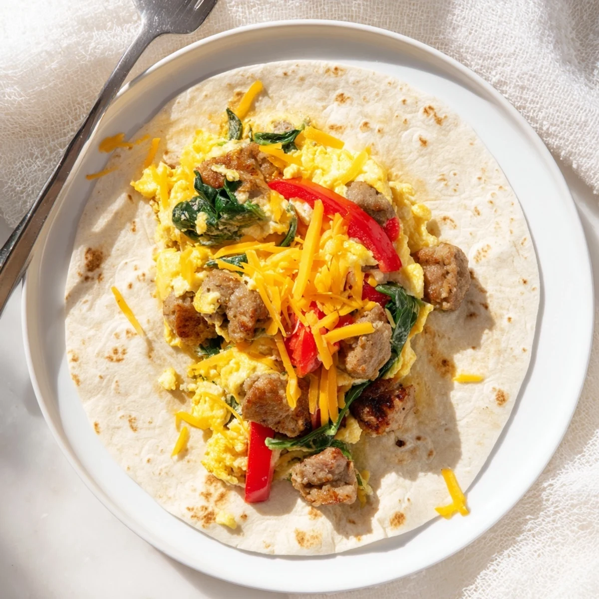 Grab-and-go breakfast burritos featuring hearty egg, sausage, and vegetable filling rolled in warm tortillas