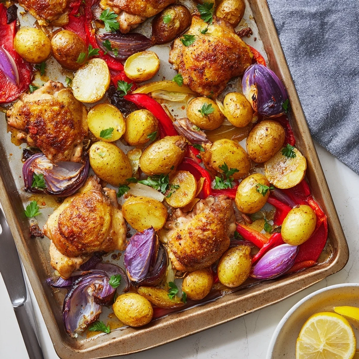Golden roasted chicken thighs and baby potatoes arranged on a baking sheet with fresh parsley garnish
