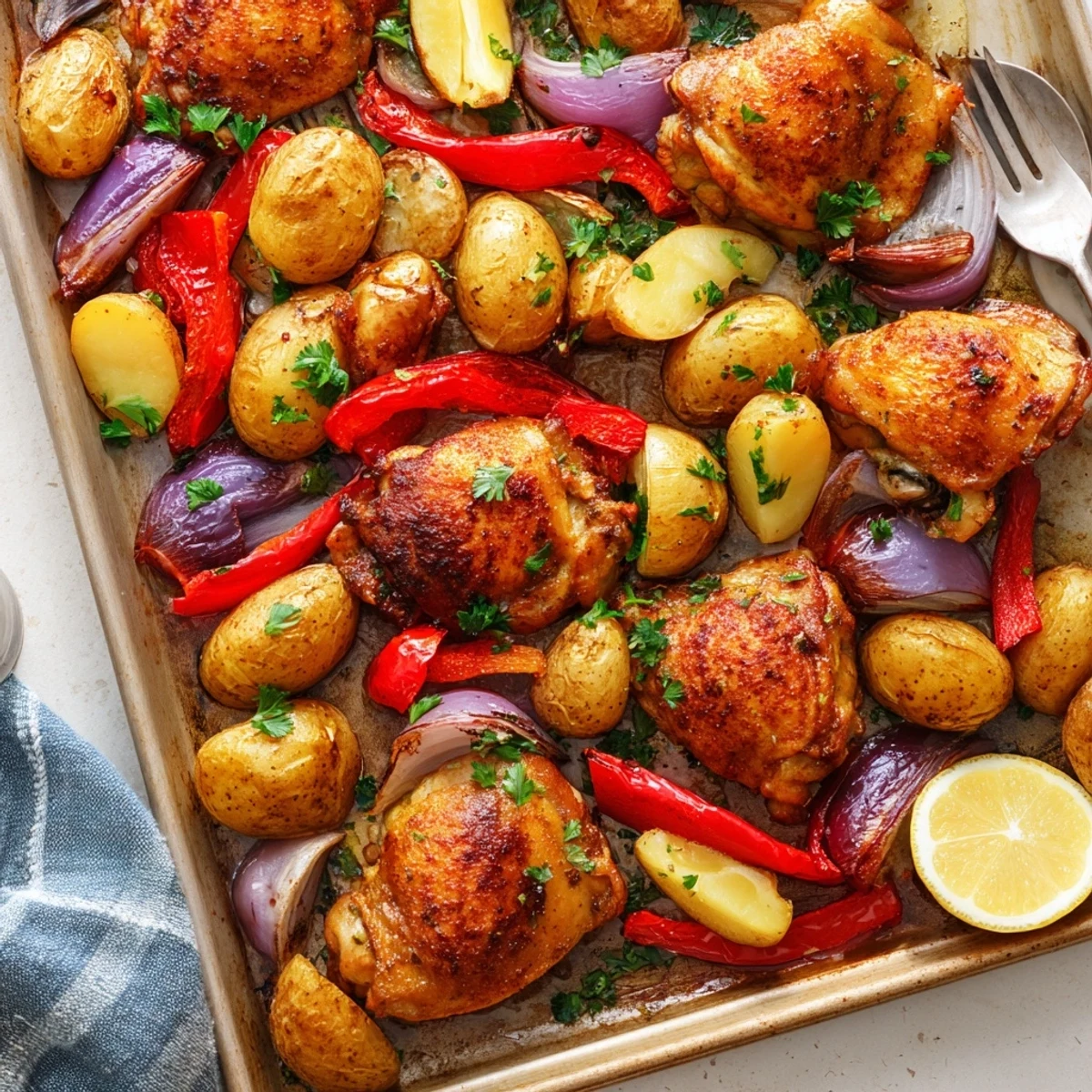 Succulent sheet pan chicken and potatoes with colorful vegetables ready for a comforting family dinner