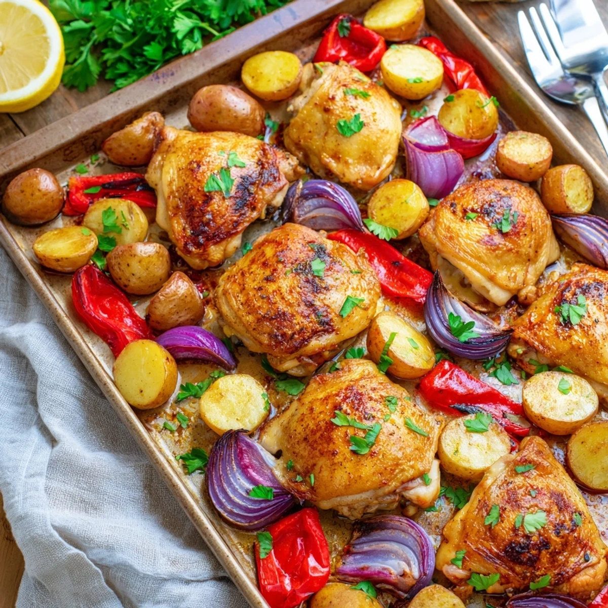 Crispy skinned chicken nestled among roasted potatoes and bell peppers on a rustic metal baking sheet
