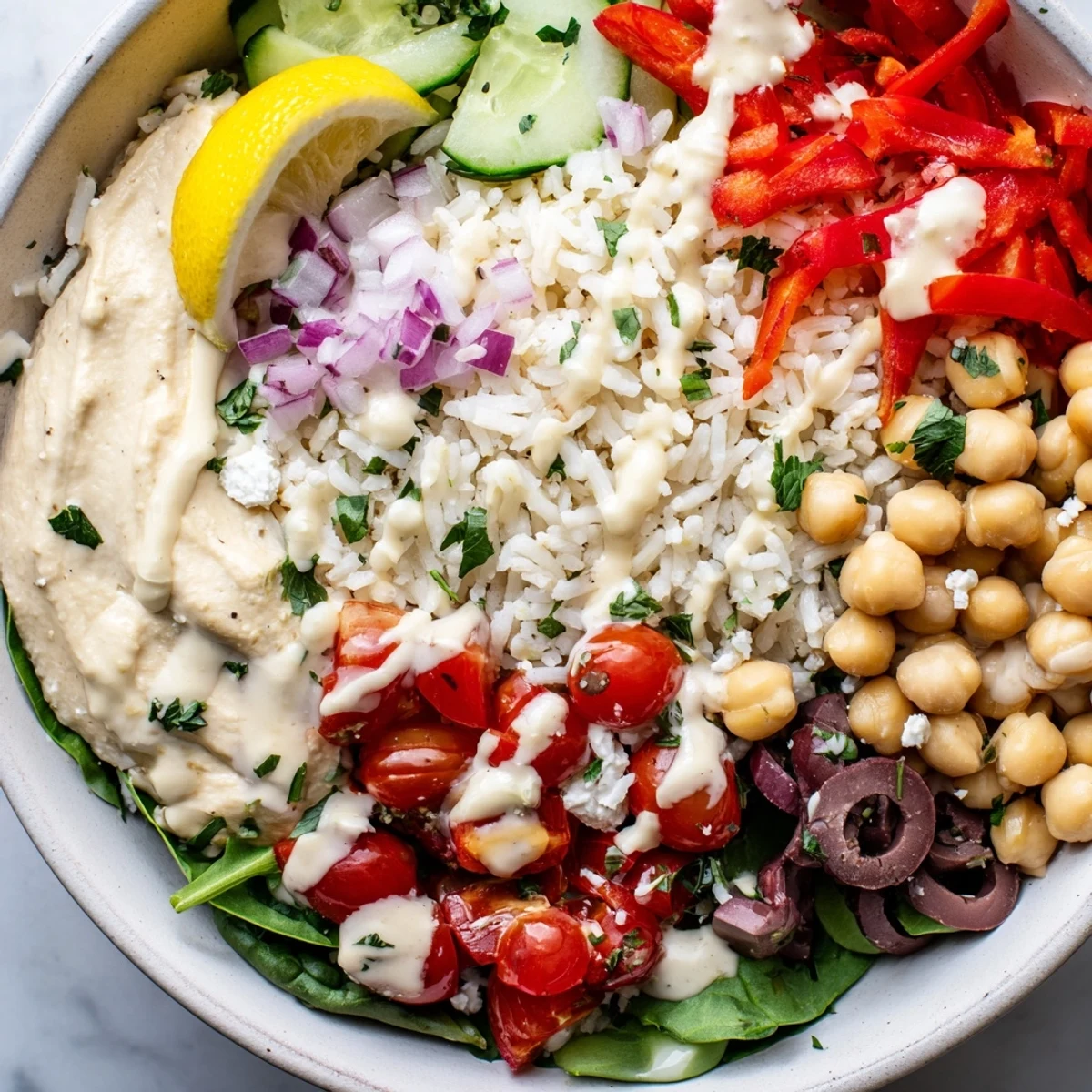 Hearty Mediterranean rice bowl topped with fresh vegetables chickpeas olives and creamy feta cheese