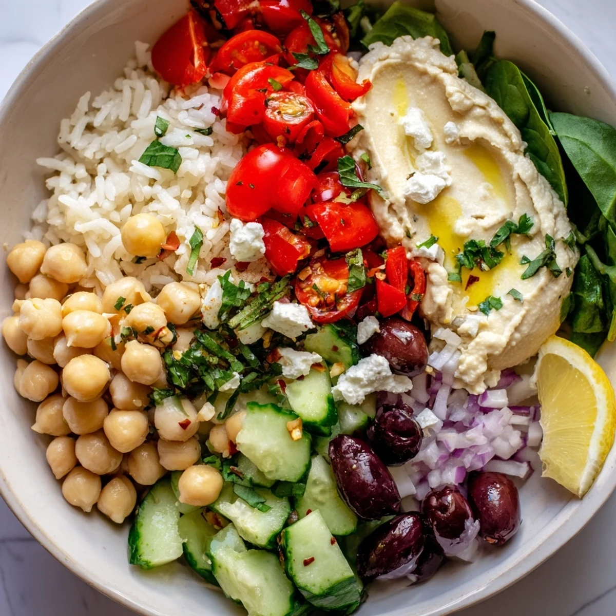 Colorful Mediterranean rice bowl with fluffy rice, crisp veggies, hummus and lemon tahini drizzle