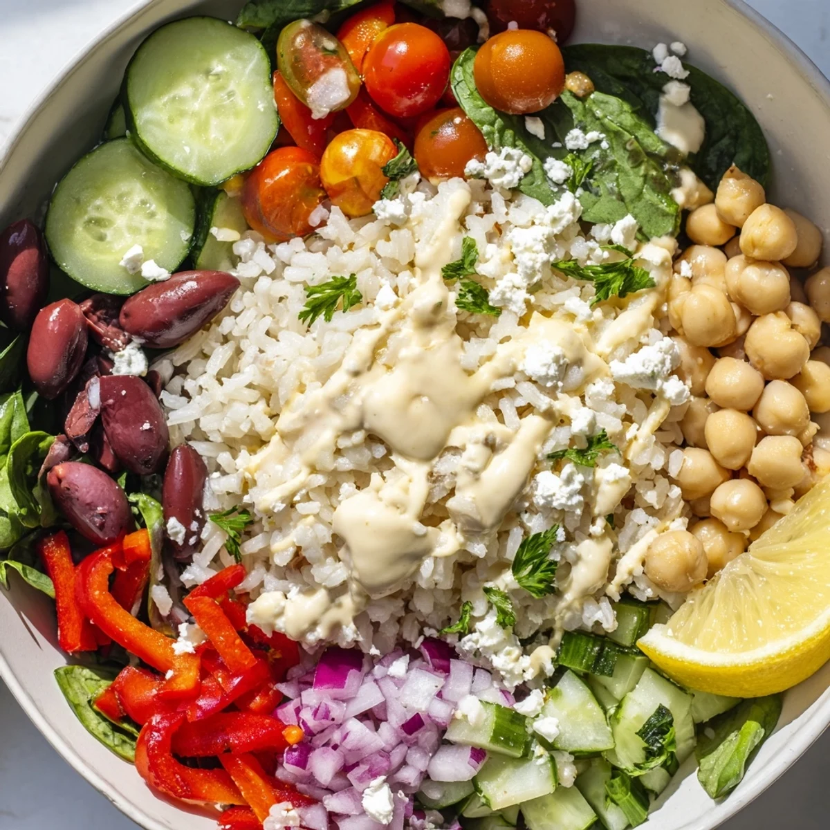 Vibrant Mediterranean rice bowl featuring crisp cucumber tomatoes spinach and zesty tahini dressing