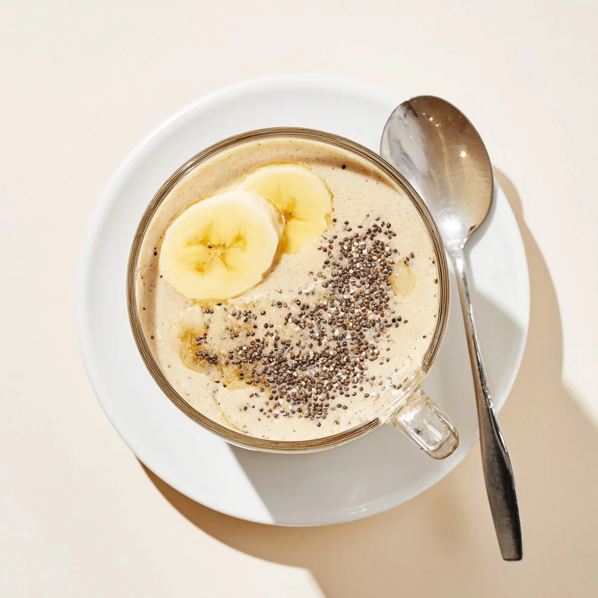 Creamy Greek yogurt banana smoothie poured into a glass with fresh banana slices on top