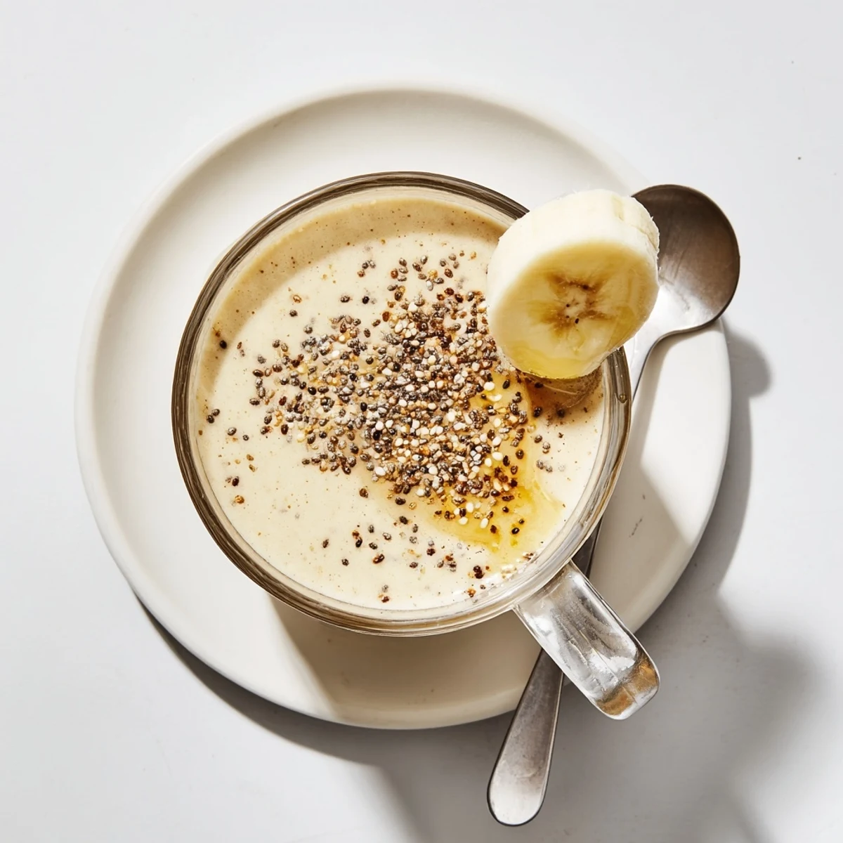 Thick and refreshing Greek yogurt banana smoothie blended with ice and a drizzle of golden honey