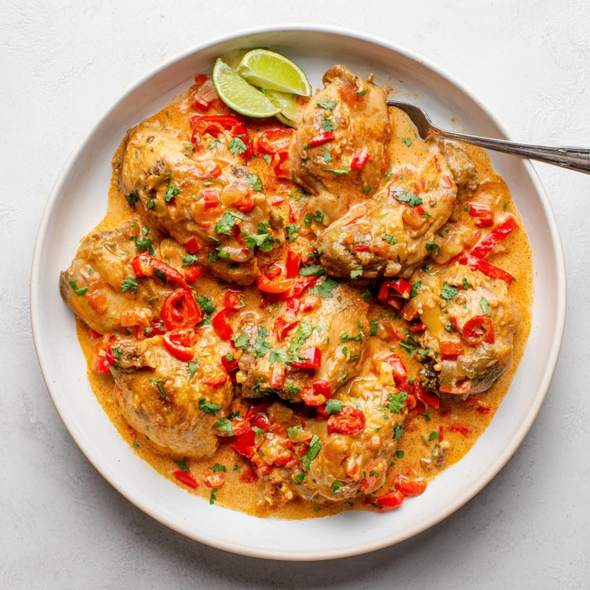 Golden chicken pieces swimming in rich creamy coconut sauce with colorful bell peppers