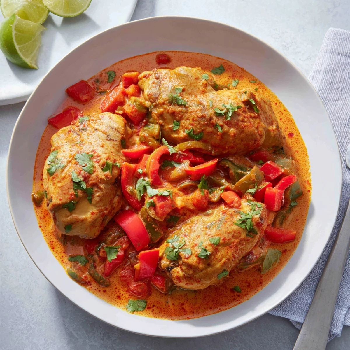 Steaming bowl of spicy Brazilian coconut chicken garnished with fresh cilantro and lime