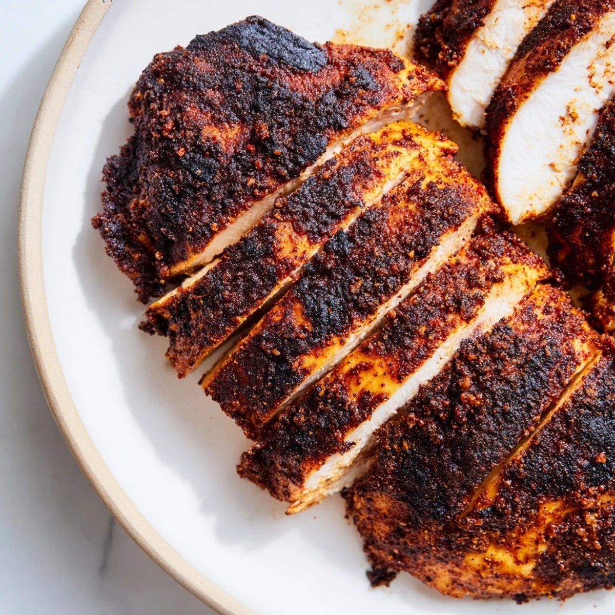 Golden blackened chicken breast with dark spicy crust served on white plate