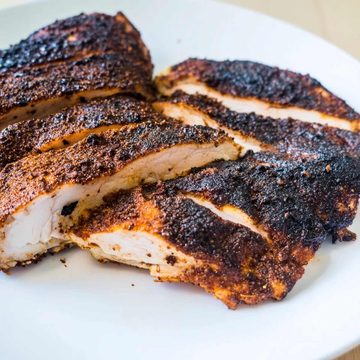 Sizzling cast iron skillet blackened chicken with smoky Cajun spices and lemon