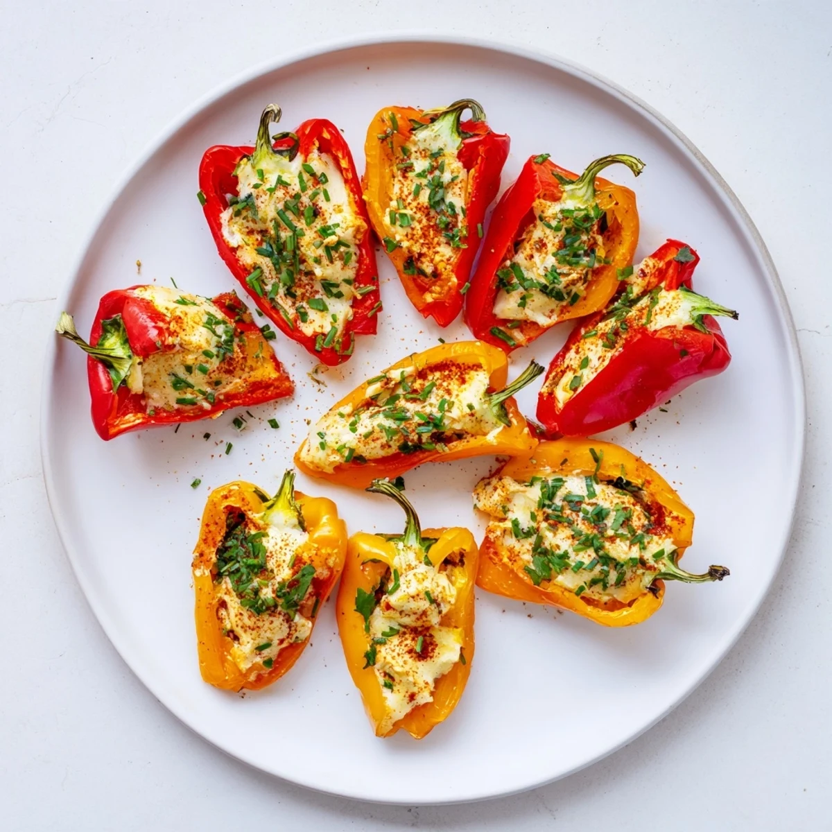 Golden air fryer cream cheese stuffed mini peppers arranged on a white serving platter