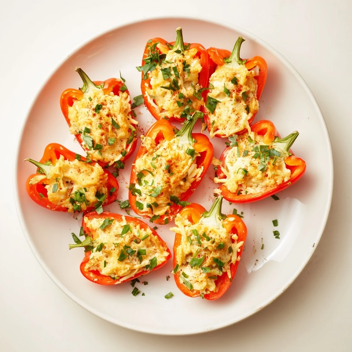 Colorful roasted mini peppers filled with savory cream cheese blend, topped with fresh parsley