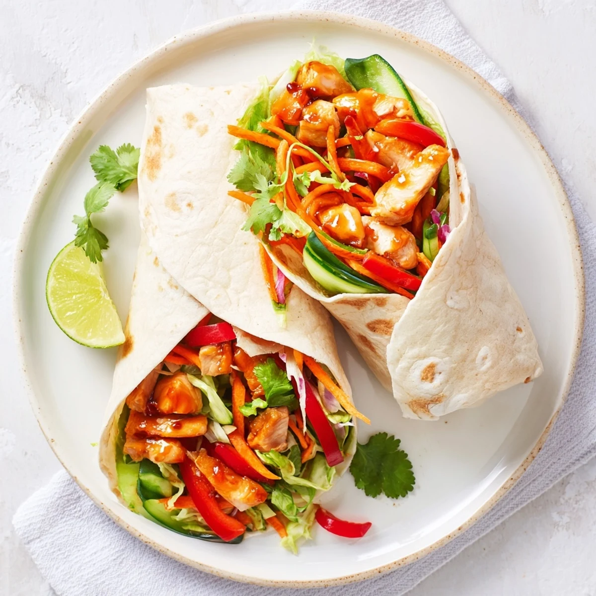 Fresh sweet chili chicken wraps rolled with crunchy lettuce carrot peppers and tangy sauce