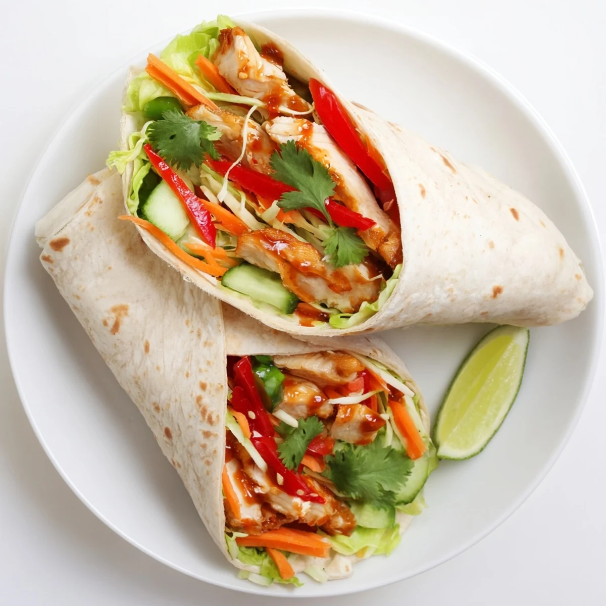 Golden sweet chili chicken wraps stuffed with crisp colorful vegetables in soft flour tortillas