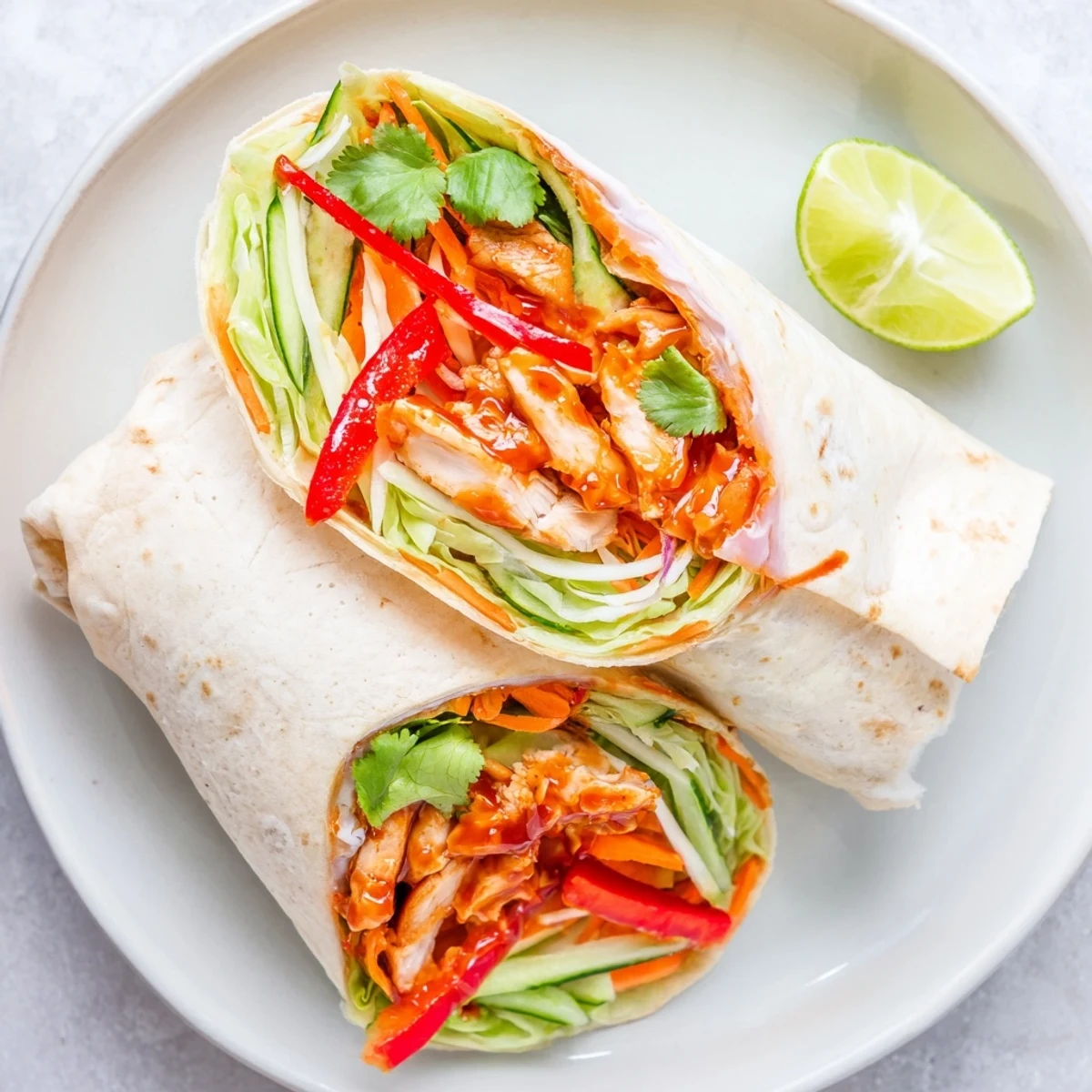 Handheld sweet chili chicken wraps featuring tender marinated meat and vibrant veggie filling