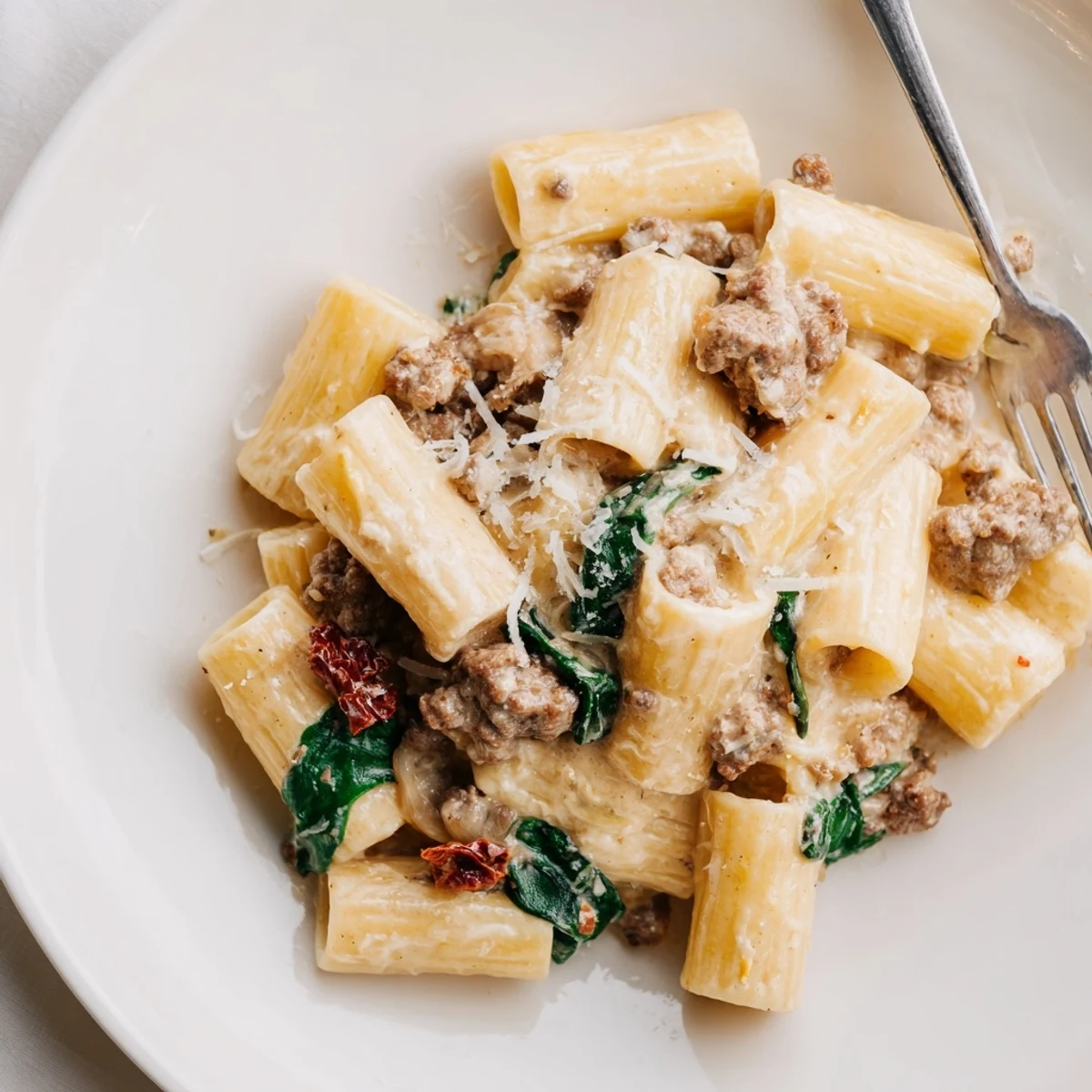 Creamy marry me ground beef pasta tossed with sun-dried tomatoes and parmesan in a rich white sauce