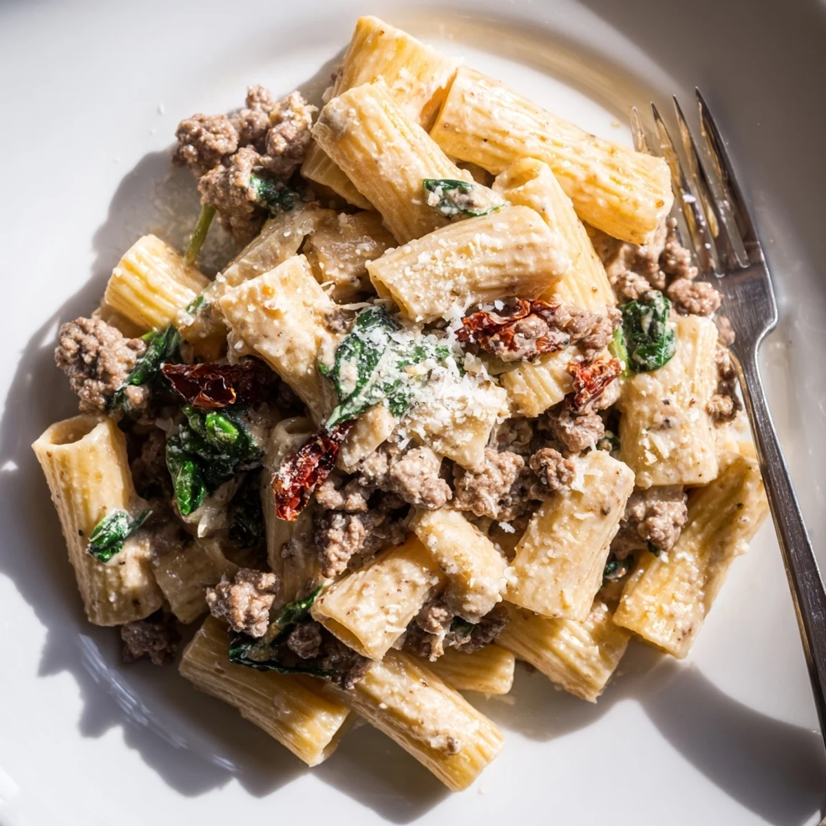 Golden brown ground beef pasta coated in luscious cream sauce with sun-dried tomatoes and fresh spinach
