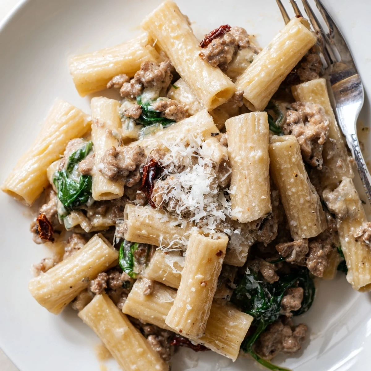 Bowl of marry me ground beef pasta featuring tender penne in a savory garlic parmesan cream sauce