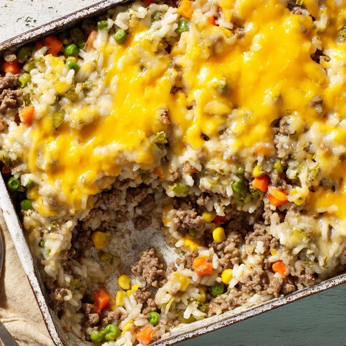 Golden cheesy ground beef and rice casserole topped with melted cheddar and colorful mixed vegetables