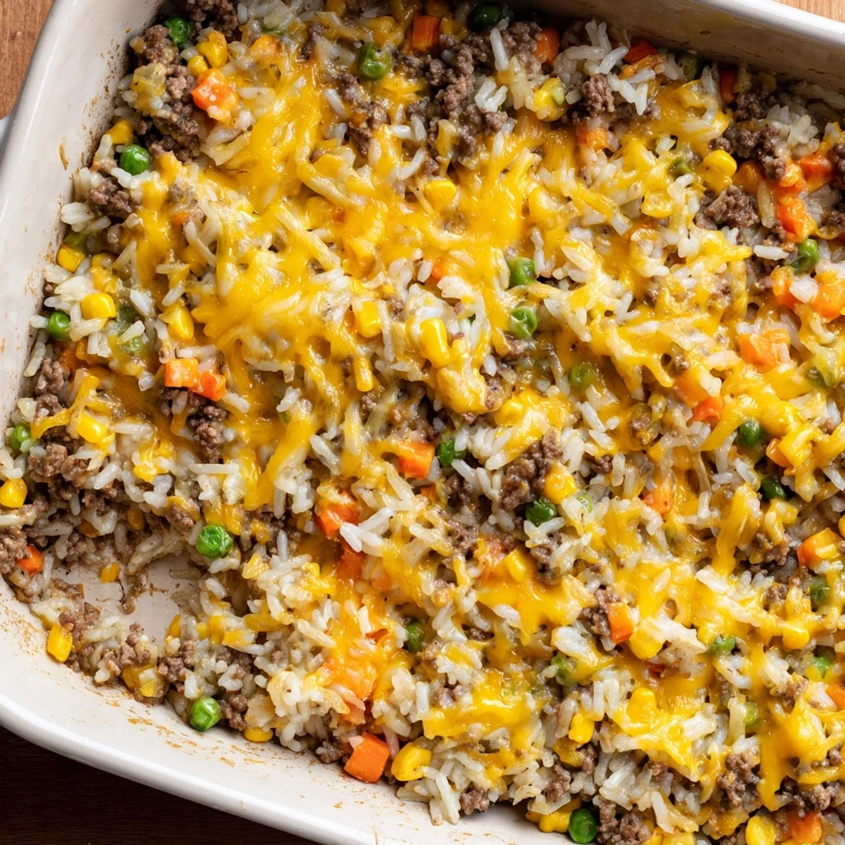 Comforting ground beef and rice casserole featuring seasoned meat, fluffy rice, and gooey melted cheddar cheese