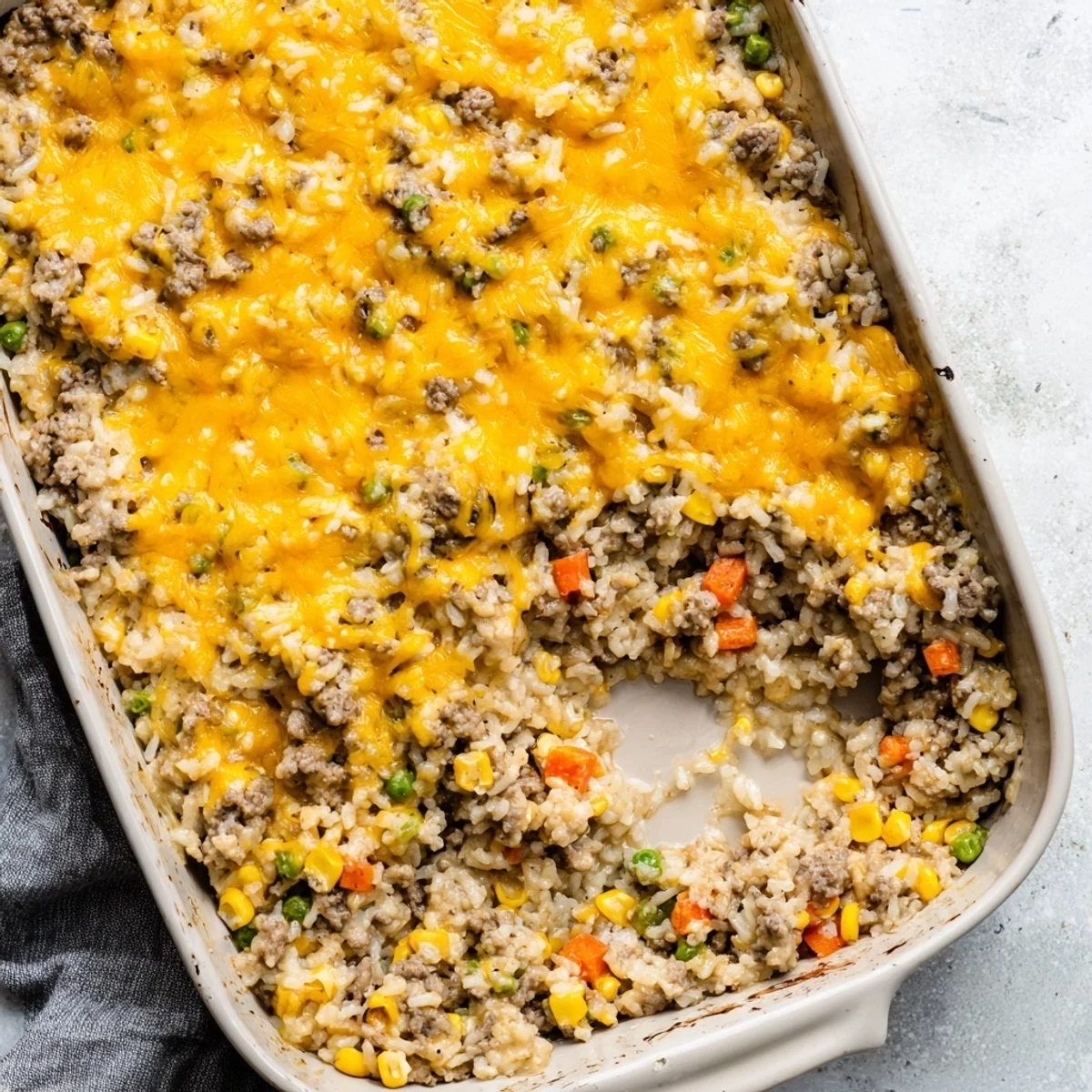 Baked ground beef and rice casserole with bubbling cheese layer served in a white ceramic dish