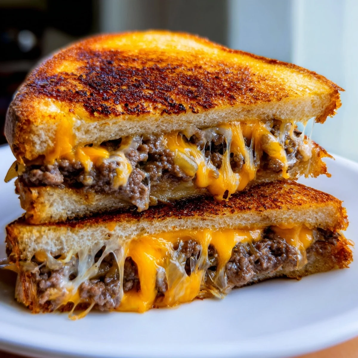 Golden toasted cheesy ground beef melt sandwich oozing melted cheddar and mozzarella cheese
