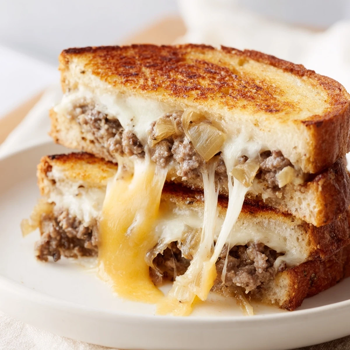 Sliced American cheesy ground beef melt sandwich revealing seasoned beef and sautéed onion filling