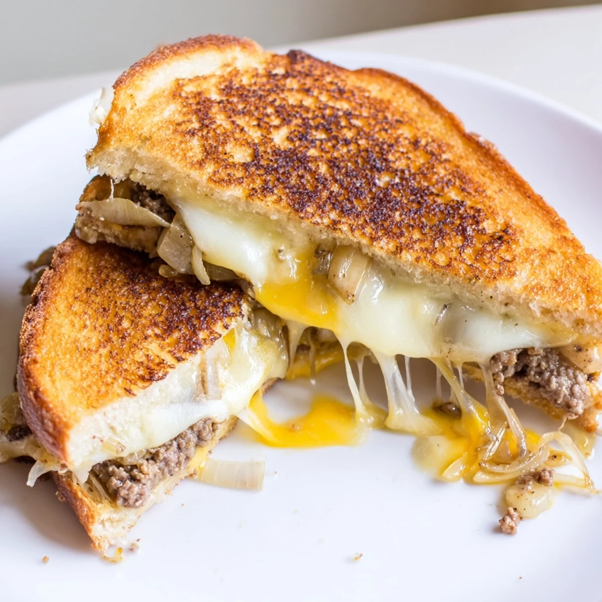 Buttered bread cheesy ground beef melt sandwich grilled to crispy perfection with bubbling cheese