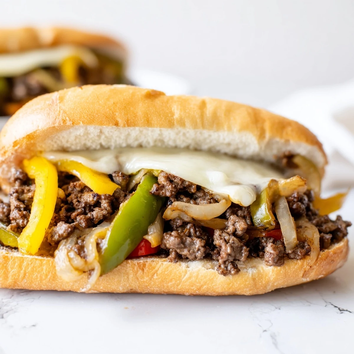 Golden ground beef Philly cheesesteaks piled on toasted hoagie rolls with melted provolone cheese and caramelized peppers