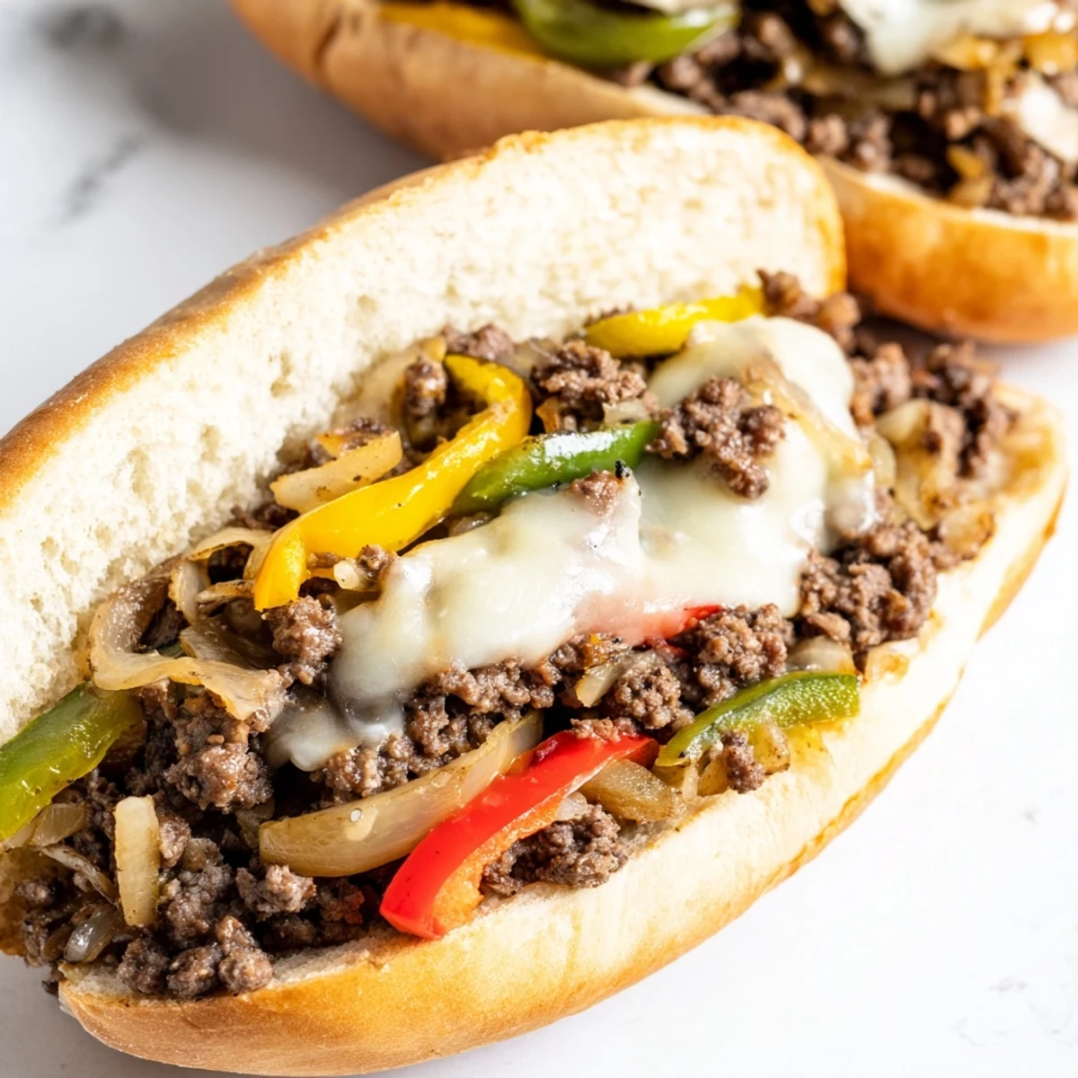 Homemade ground beef Philly cheesesteaks overflowing with seasoned meat, colorful vegetables, and melted cheese in soft hoagie rolls