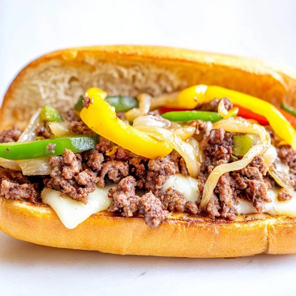 Savory ground beef Philly cheesesteaks sandwich with sautéed onions, bell peppers, and gooey provolone on buttery toasted bread