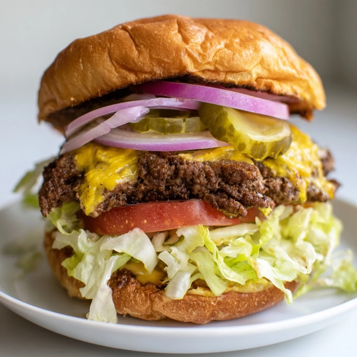 Golden brown juicy smash burger with melted American cheese on toasted brioche bun