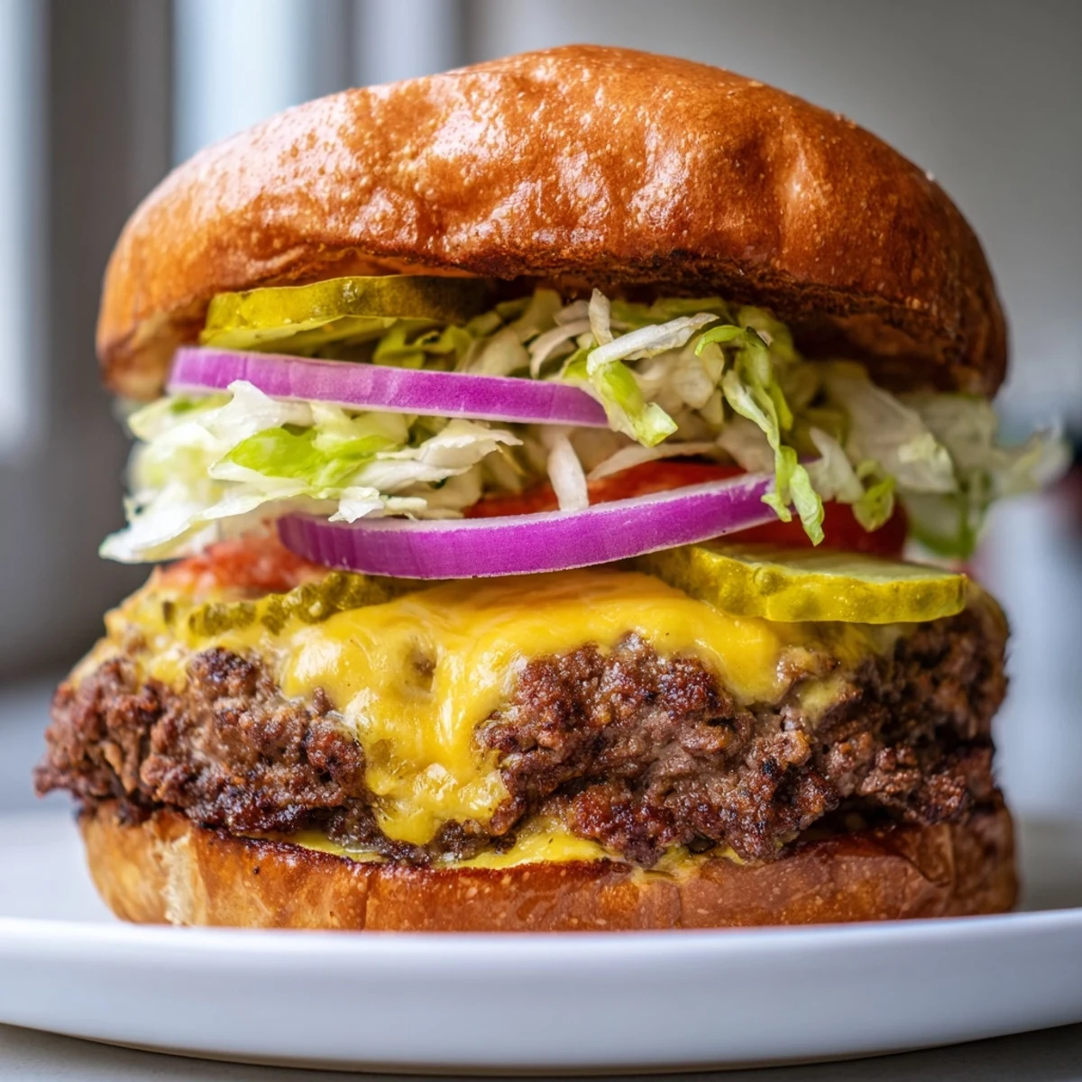 Homemade juicy smash burger featuring crisp lettuce, tomato, and pickles on buttered bun