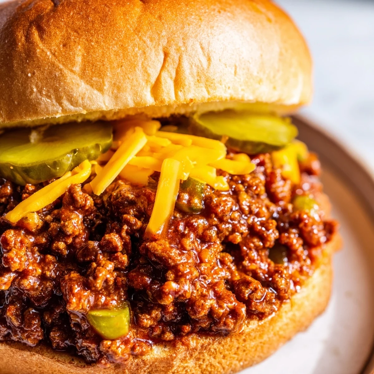 Homemade sloppy joes piled high on toasted buns with rich, saucy ground beef