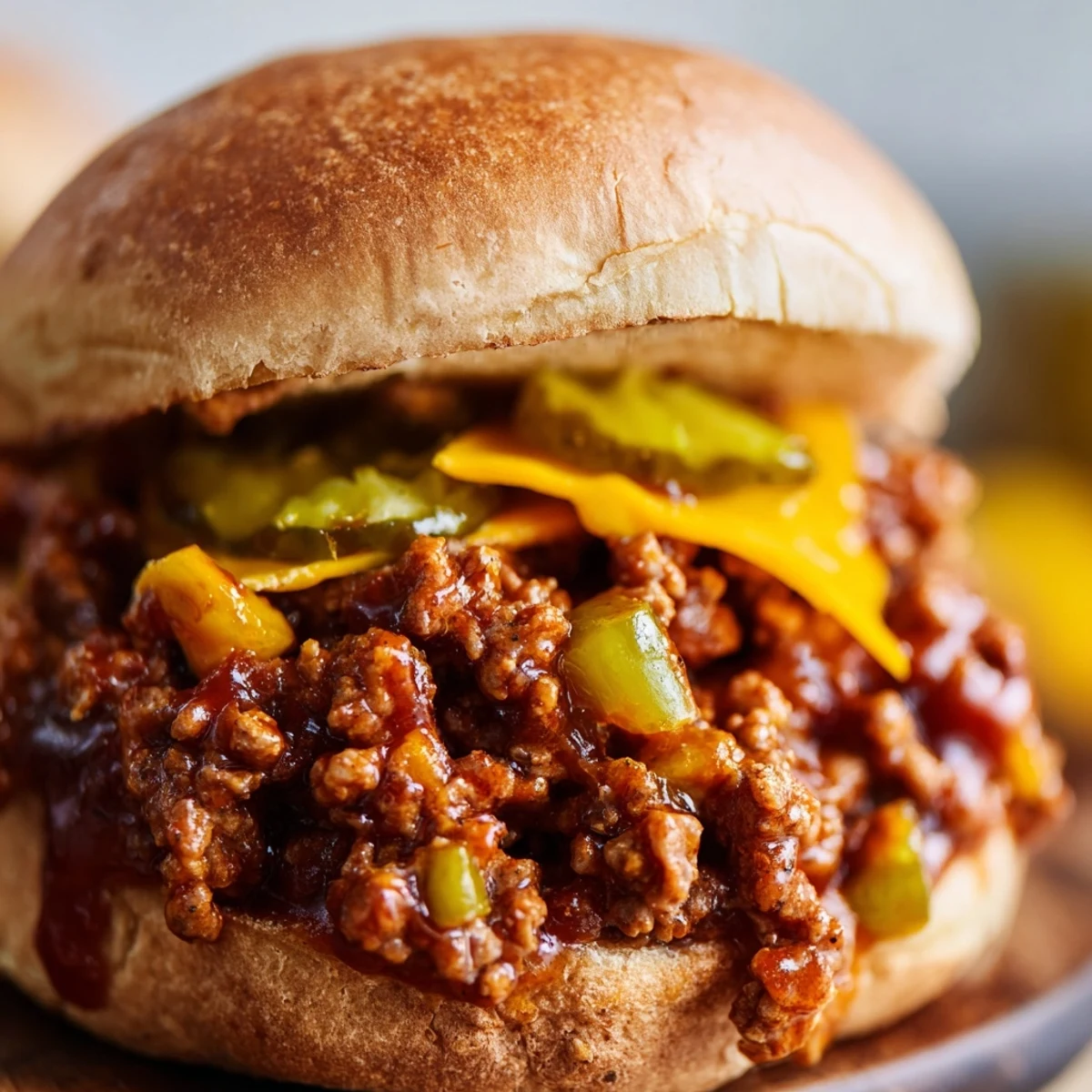 Hearty sloppy joes with savory ground beef filling overflowing from a toasted bun