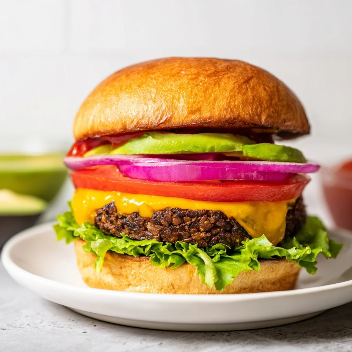 Golden black bean burger patty topped with melted cheddar, avocado slices, and fresh tomato on a toasted bun