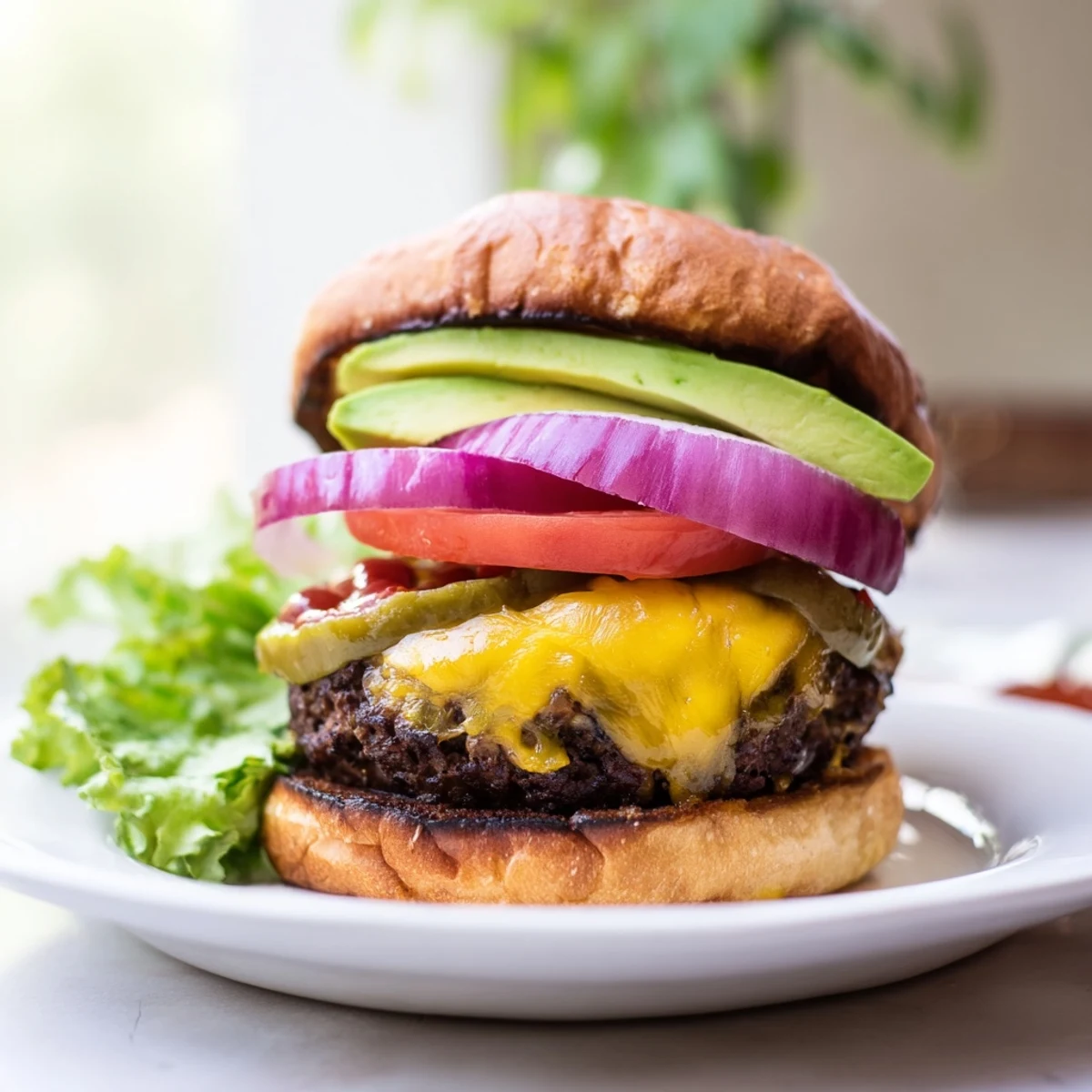 Hearty vegetarian black bean burger stacked with crisp lettuce, red onion, and pickles on a sesame seed bun