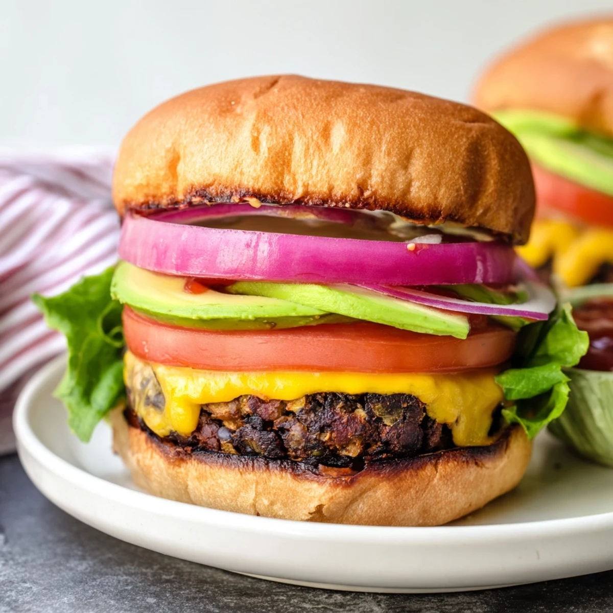 Flavor-packed black bean burger with creamy avocado, juicy tomato, and spicy mayo nestled between toasted buns