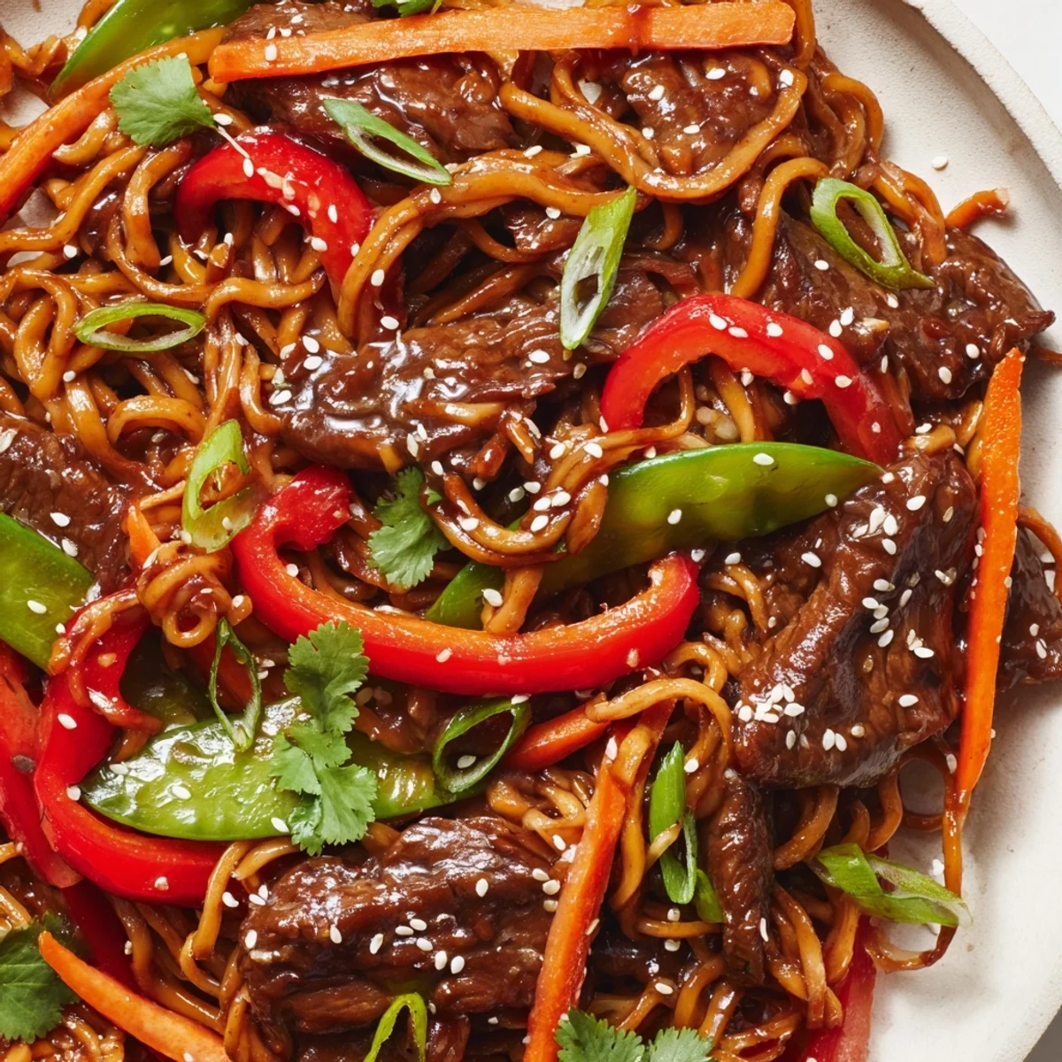 Glossy sticky beef noodles tossed with crisp vegetables in a rich sweet-savory caramel sauce